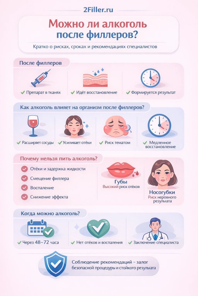 Инфографика "Можно ли алкоголь после филлеров" - подробно разбираем